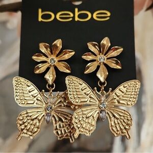 BEBE Butterfly and Flower Gold Dangling Fashion Earrings